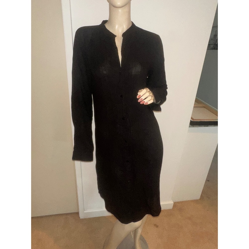 Eileen Fisher Black 100% Organic Cotton Gauze Long Sleeve Button Shirt Dress XS